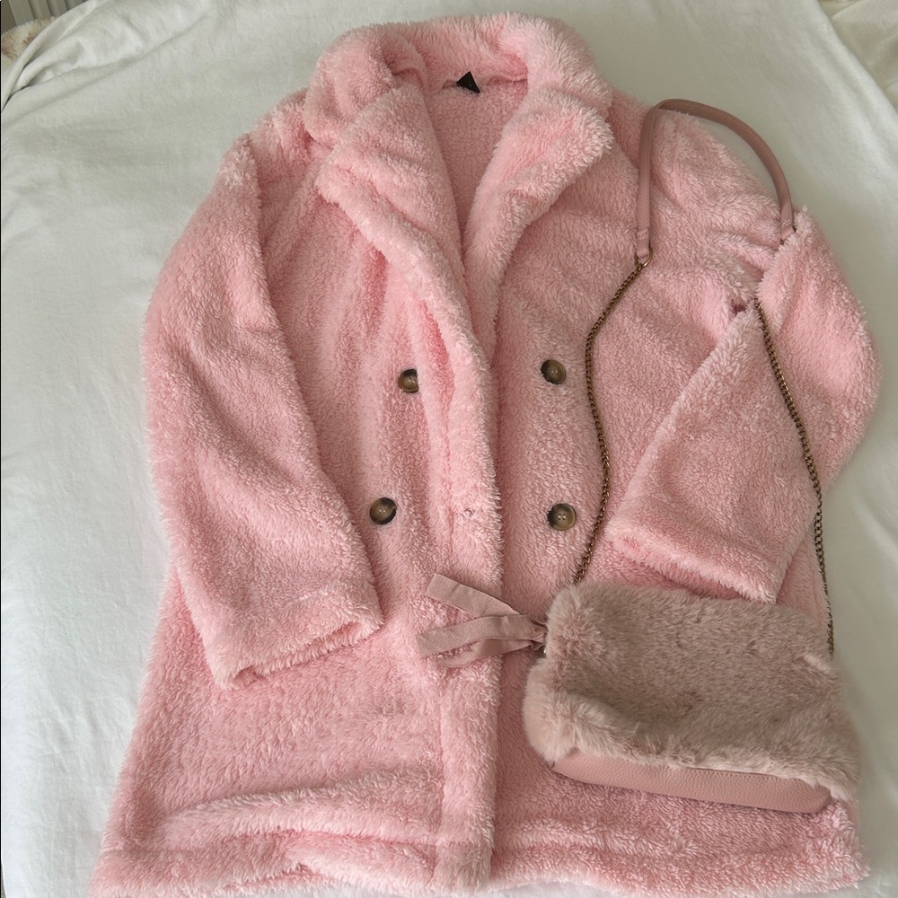Pink Fuzzy Coat  with a Bonus Faux Fur Crossbody bag